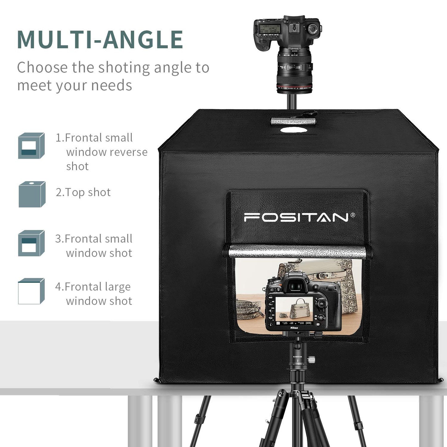 FOSITAN 80x80x80cm photo studio dimmable 126pcs LED lighting photo box 5500±200K (CRI≥95) light tent with 3 backgrounds (white, black, orange) for professional photography.
