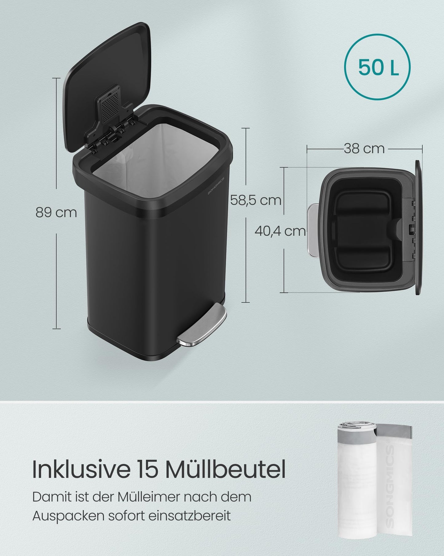 SONGMICS Kitchen Trash Can, 50 Liter Waste Bin, Metal Step Trash Can with Lid, Tall, Slim, and Spacious, Black LTB530B5002