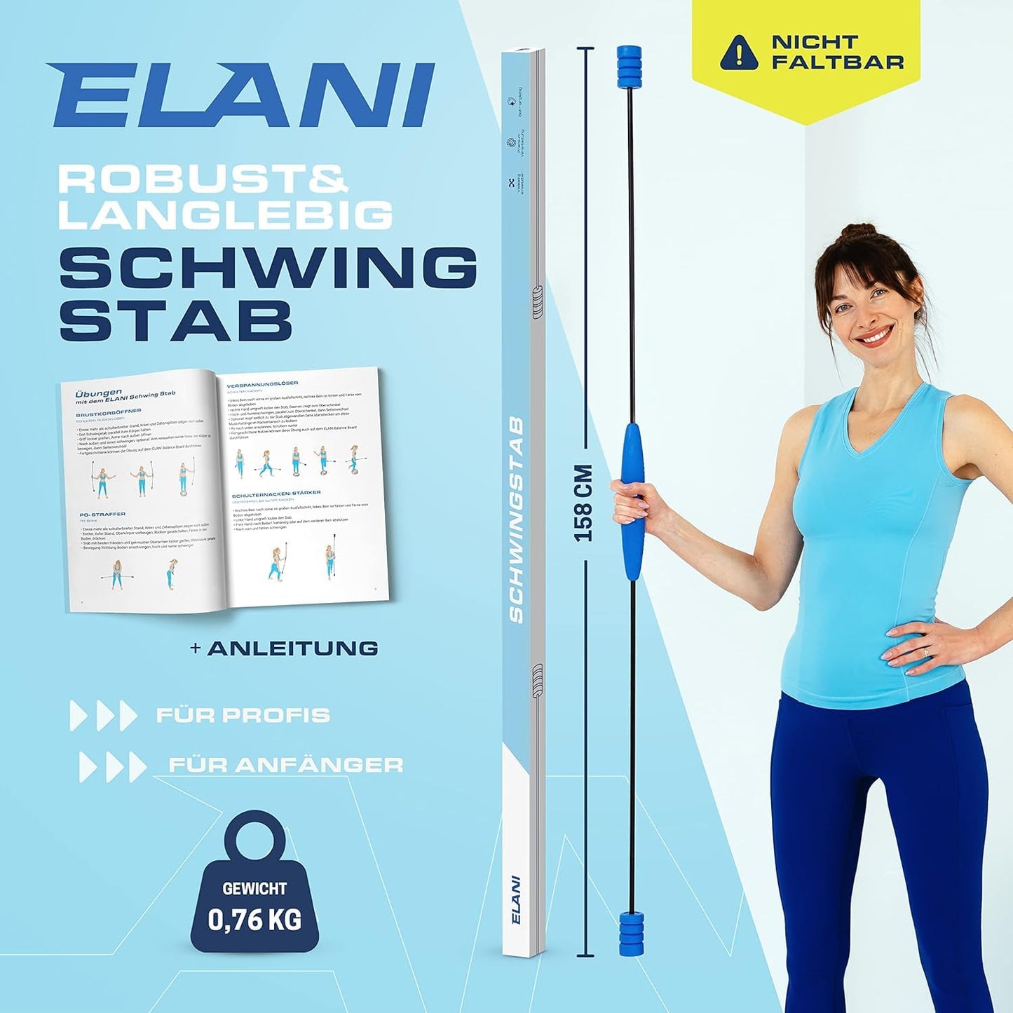 ELANI Swinging Stick - Adjustable resistance & ergonomic grip - highly durable gymnastics stick, also suitable as physiotherapy accessory, Swinging Sticks, Swinging Stick Fitness Winner, Flex Stick.