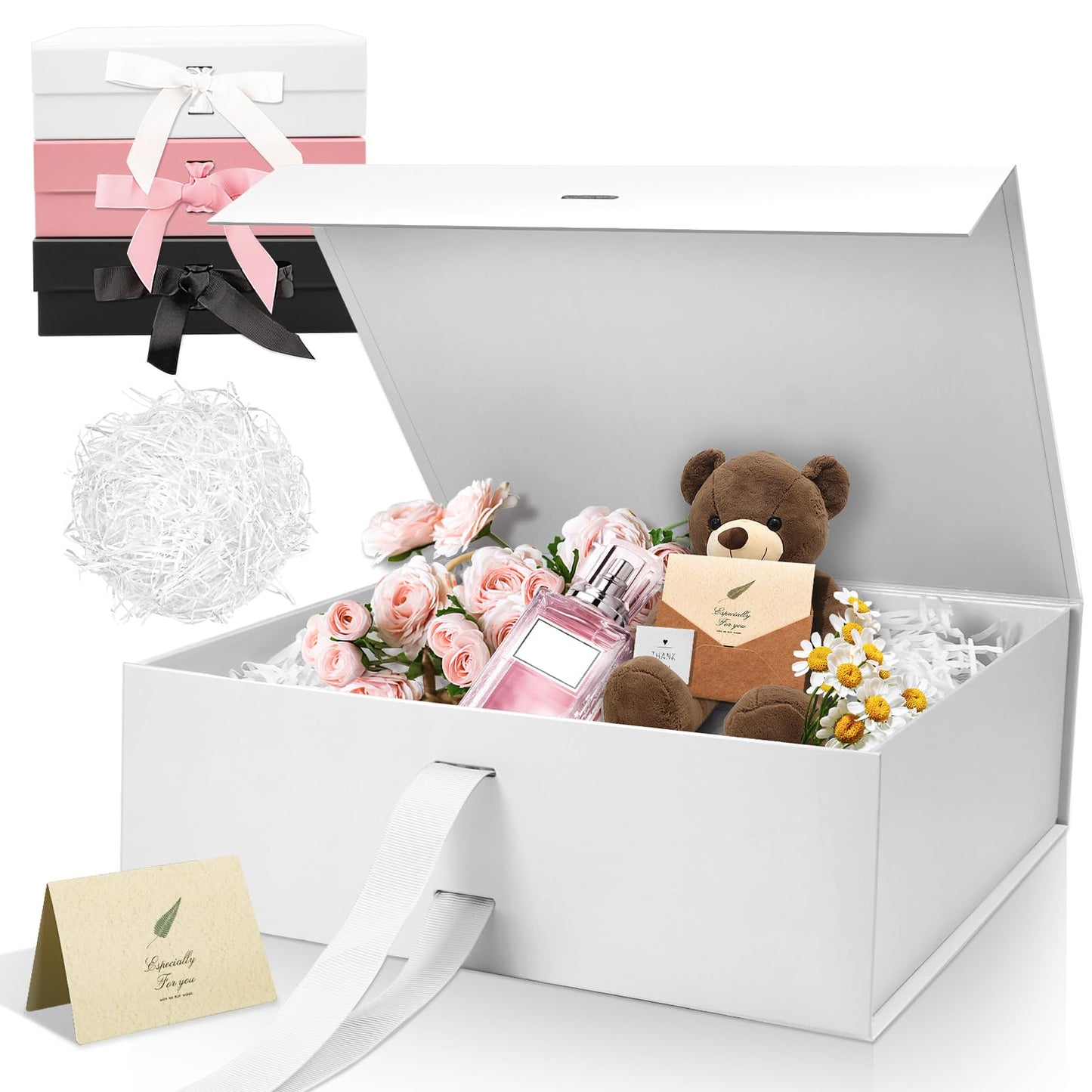 Sekepingo White Luxury Large Magnetic Gift Box, 32.5*23*10.5cm Gift Box with Ribbon, Paper & Greeting Card Party Favor Box for Wedding, Birthday & Mother's Day.