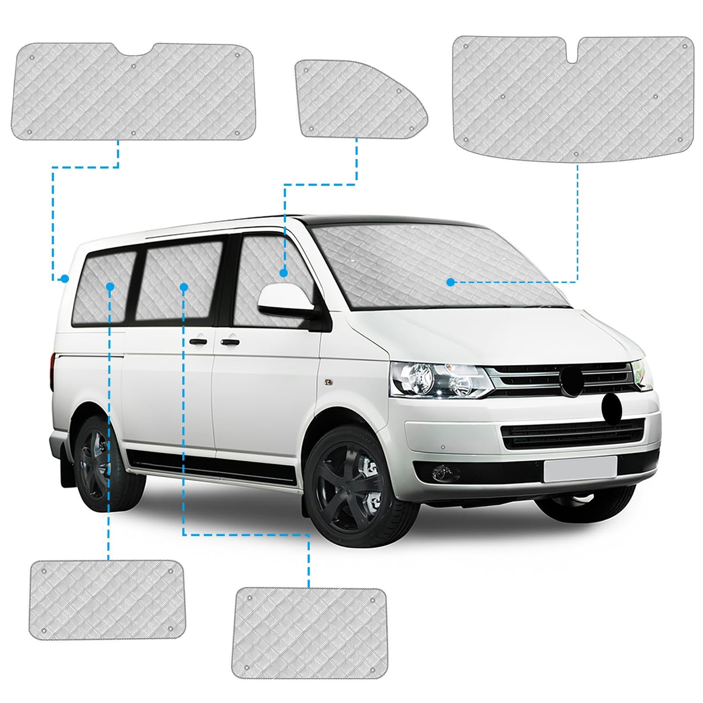 Car Windshield Sun Shade Replacement for VW T5 T6 SWB, 8PCS Sunshade Windshield Protection Set, Internal Thermal Blinds Window Set with Storage Bag, 100% Occlusion (8PCS-SWB)