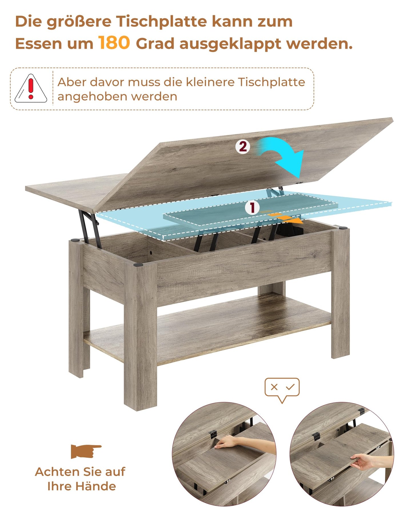 Height-adjustable coffee table, 3-in-1 multifunctional living room table, hidden storage, open shelf, can be used as a dining table, for living room, office, gray