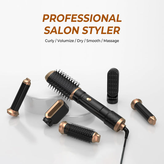 6 in 1 Hot Air Brush Set, Airstyler, with 6 attachments: 1000W Hairdryer, Round Brush Dryer Thermal Brush Airflow Curling Iron Automatic, Blow Dry Brush, Straightening Brush, Straighten, Curl, and Blow Dry Wet Hair.