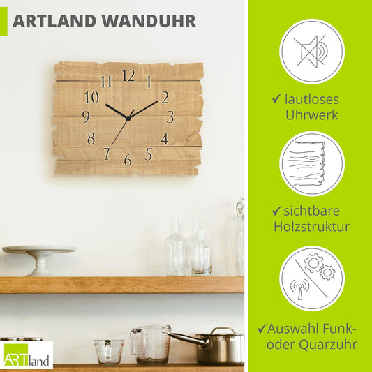 ARTLAND wall decoration wall clock without ticking noises made of wood quartz clock silent 40x30 cm rectangular pattern rustic country style light brown U1UM