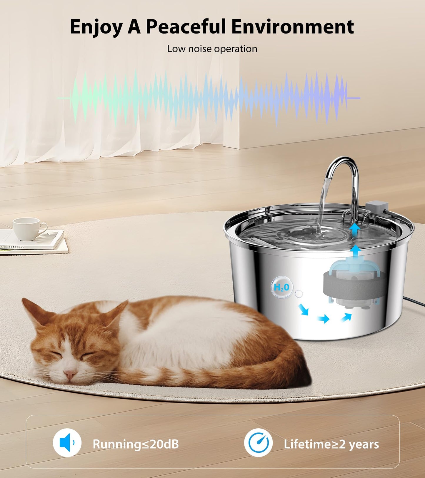 TOMXCUTE Cat Drinking Fountain 3.2L Stainless Steel Cat Fountain Waterfall for Cat Small Dogs, Faucet Design, Dishwasher Safe, with 1 Sponge and 3 Charcoal Filters
