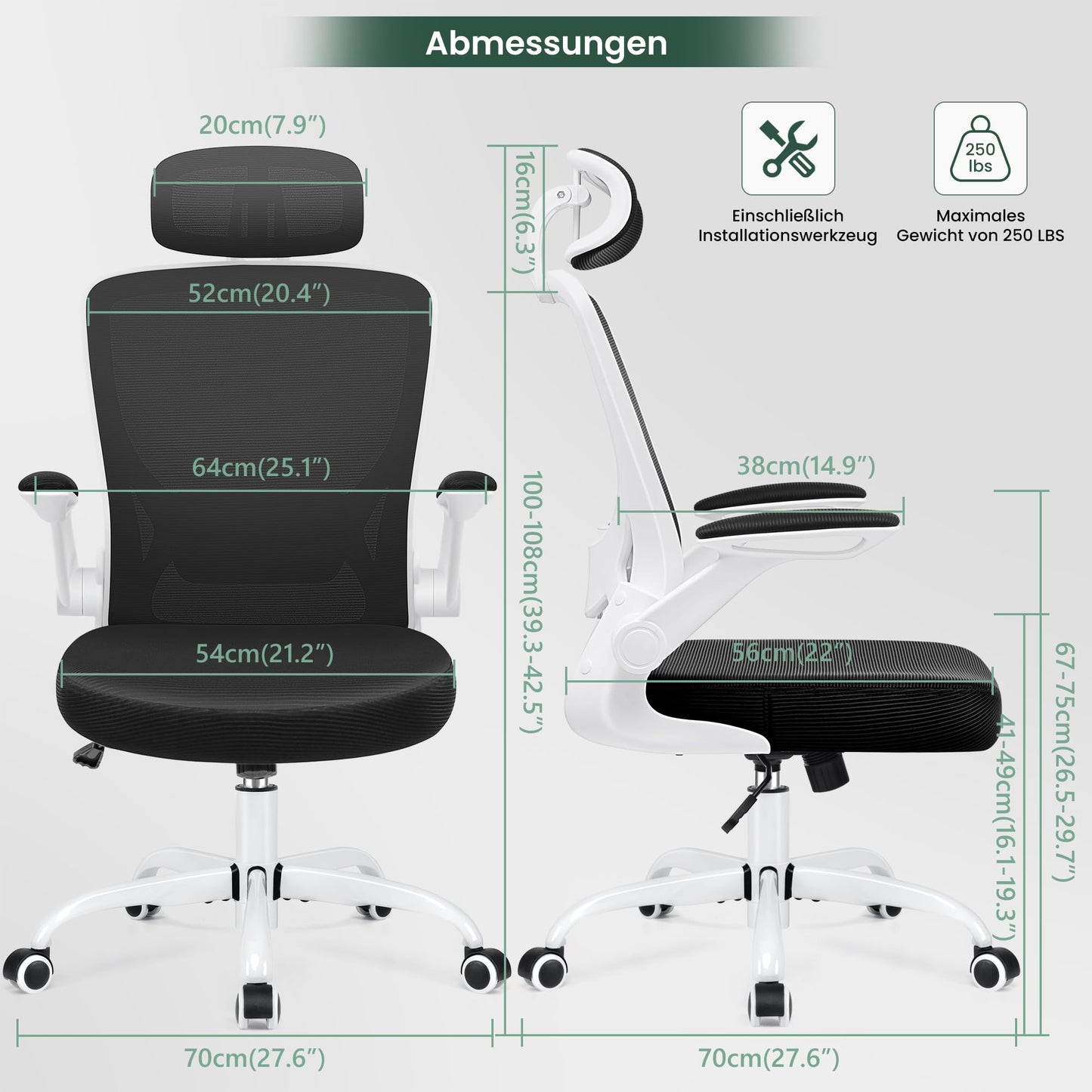 KERDOM Office Chair Desk Chair Ergonomic, Executive Chair with Adjustable Headrest, Armrests, Swivel Chair Tilt Function up to 135° Office Chair 150 kg White
