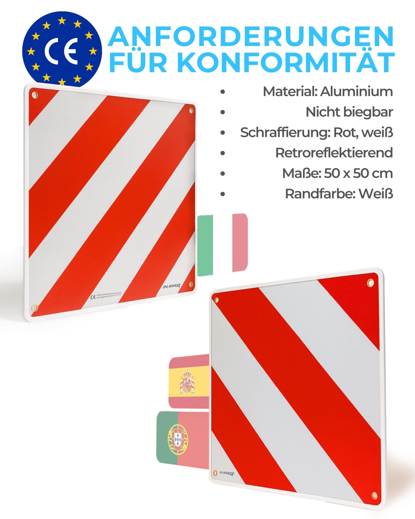 PLANGER® - Warning sign Italy and Spain & Portugal 3in1 (50 x 50 cm) (sign + bag) - Reflective warning sign red white for rear carriers and bike racks