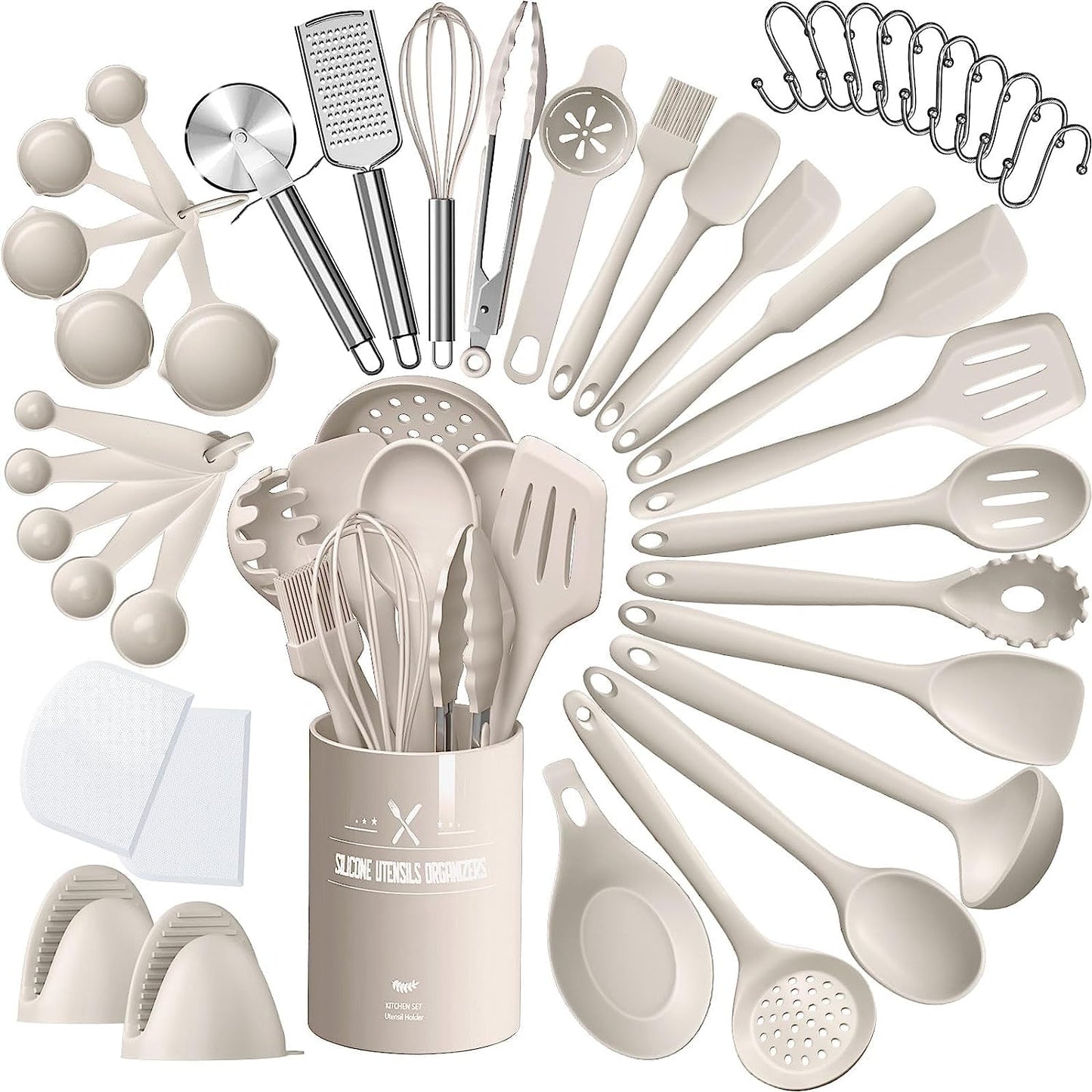 43-piece silicone kitchen utensil set, heat-resistant cookware with utensil holder, non-stick cooking set kitchen utensils, dishwasher safe - khaki