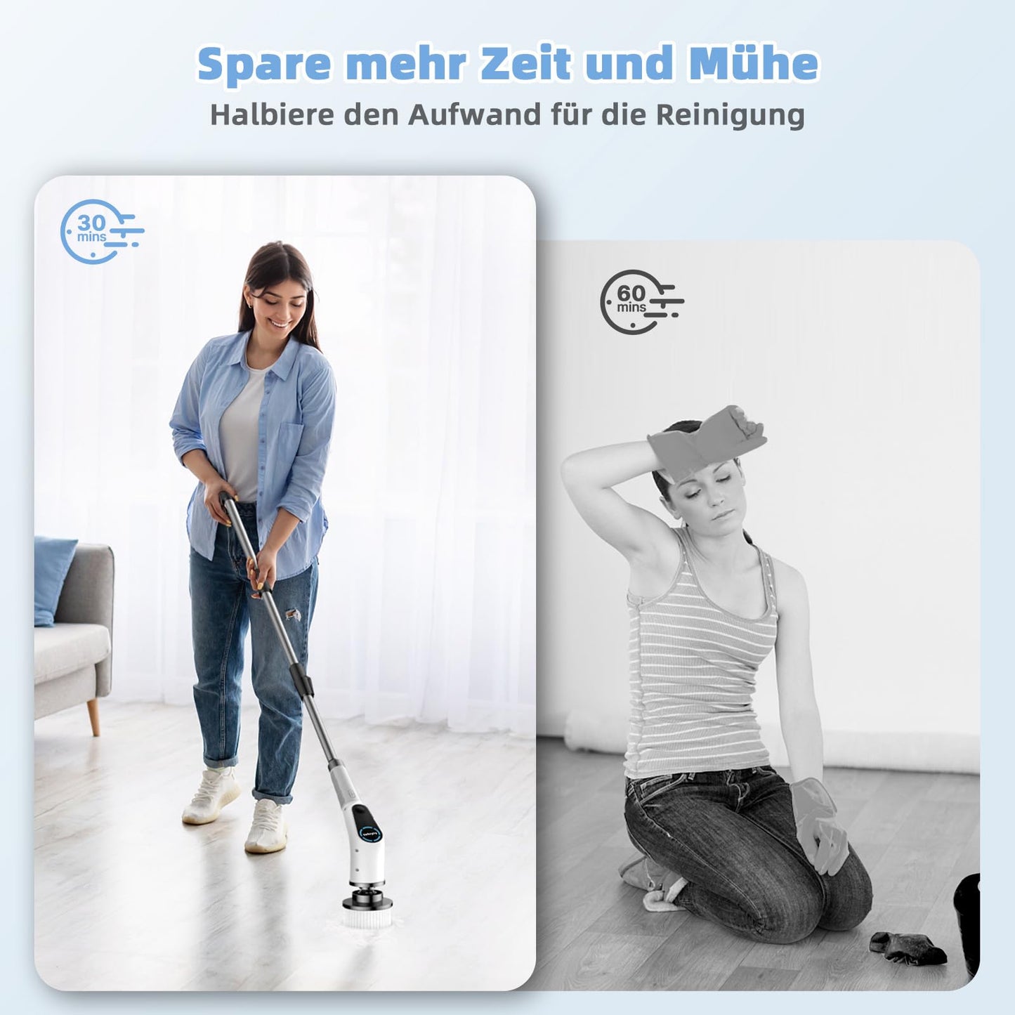 Electric cleaning brush, 8 in 1 with interchangeable brush heads, mop set, adjustable handle for bathroom, kitchen, car, and floors.