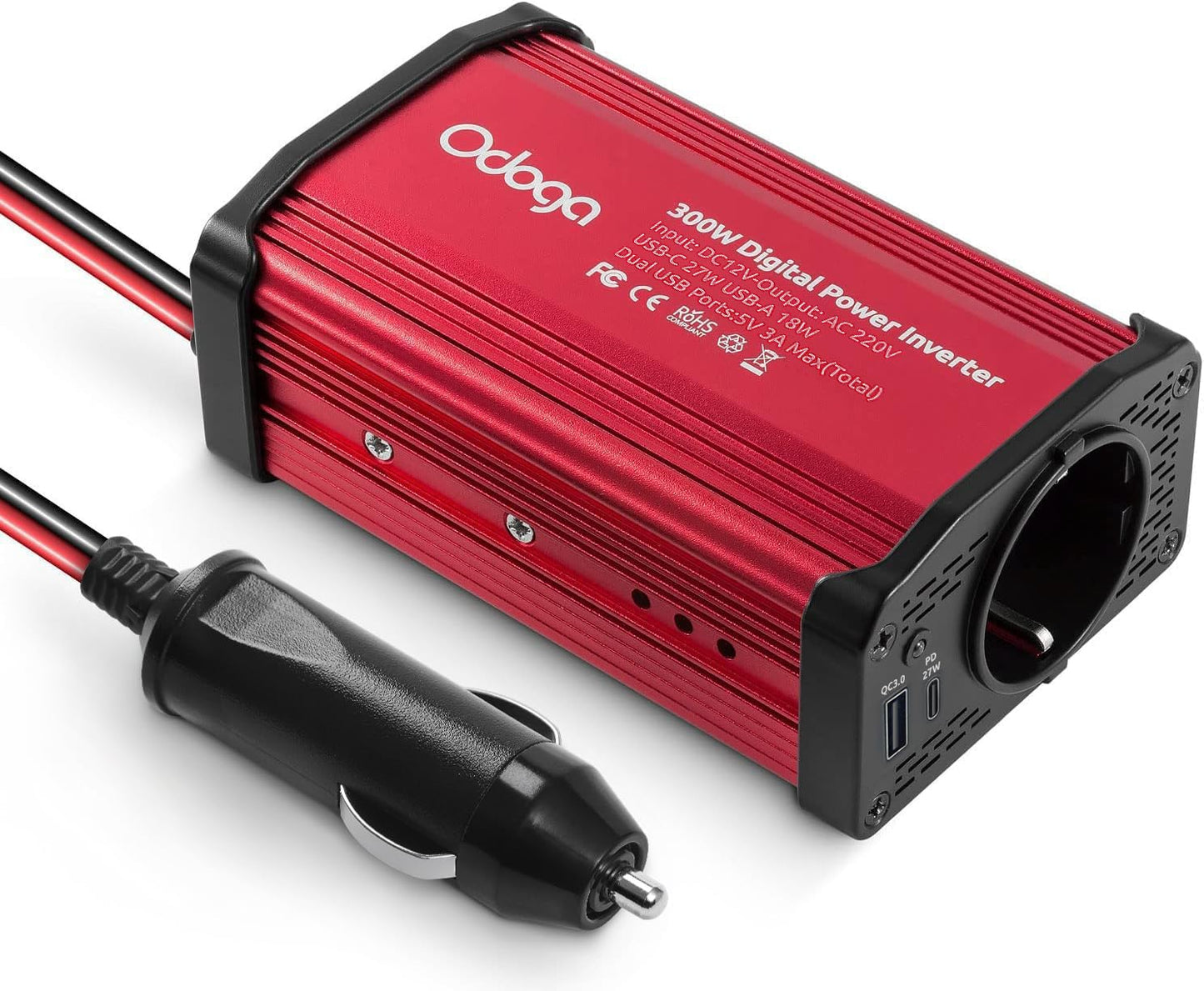 Odoga inverter 12V to 230V - 300W power converter with 3A USB-C and USB-A ports, inverter 12V 220V for car socket, charge your laptop, iPad, iPhone, tablet, and more.