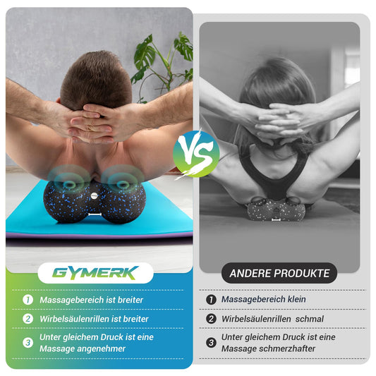 Gymerk fascia roller set with large duo ball, fascia ball, and small fascia roller. Ideal for back, spine, leg stretches, and fascia training. Includes training posters.