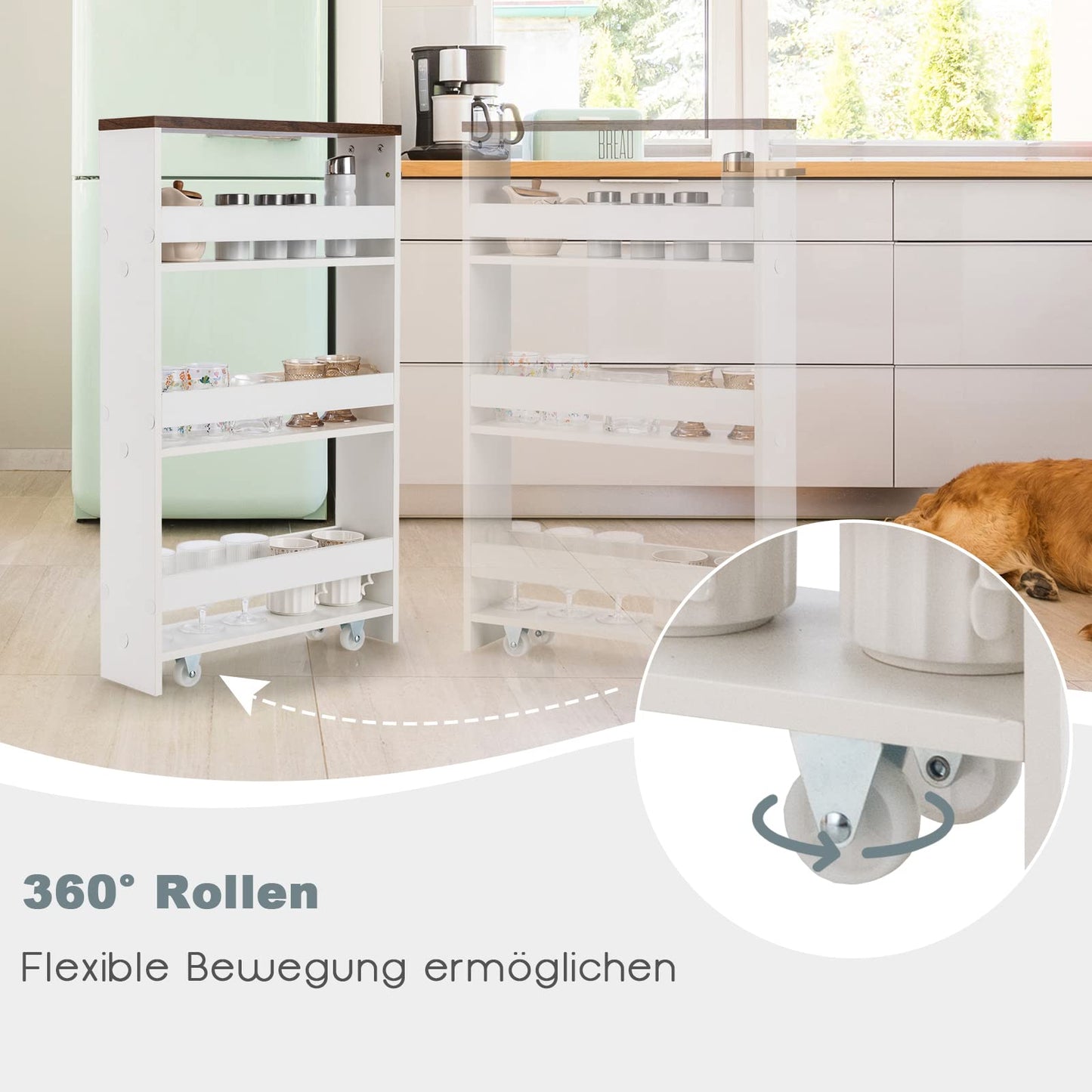 COSTWAY 4-tier rolling narrow kitchen trolley, bathroom shelf with side handle, made of wood, 48 x 13 x 81 cm (white + brown)
