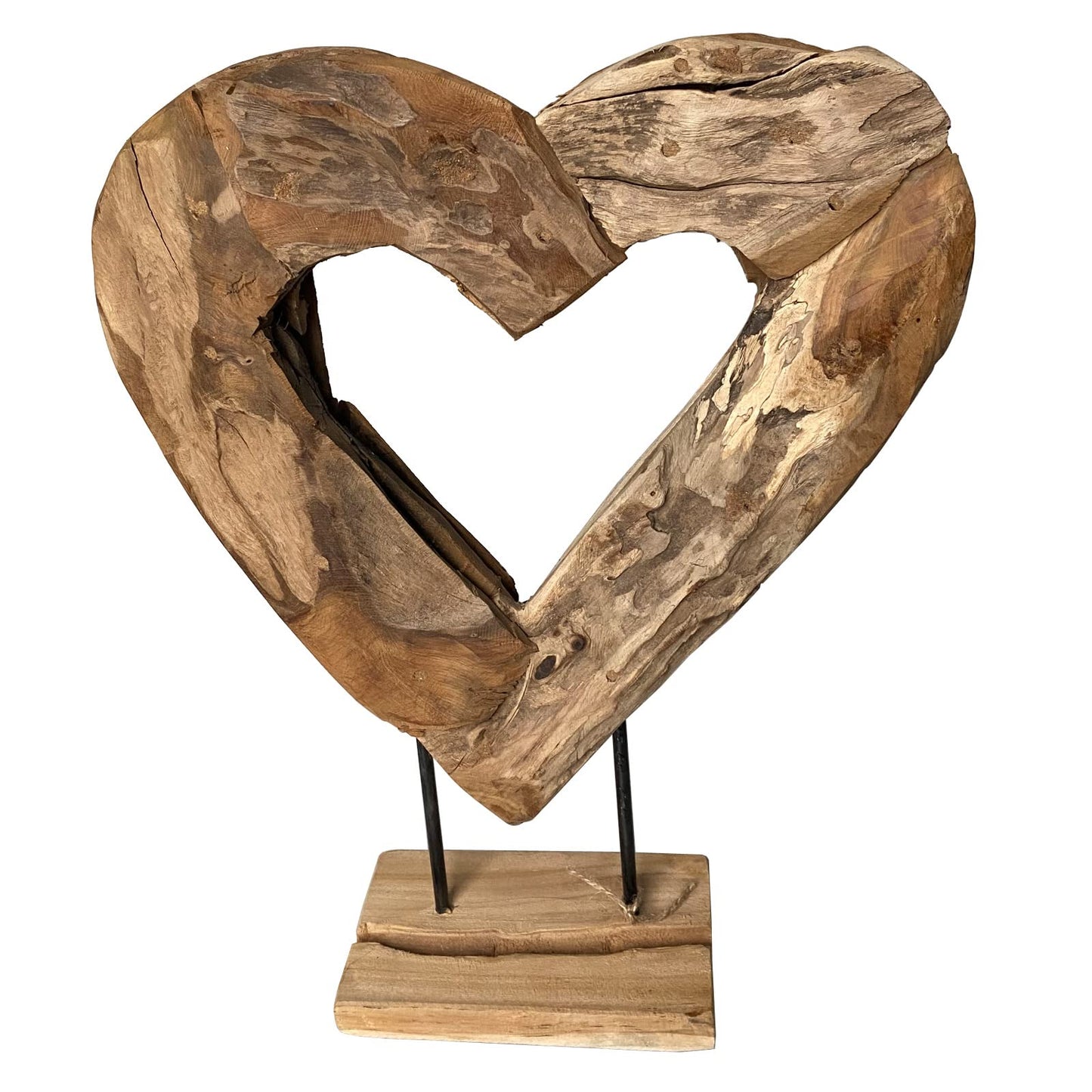 Teak wood heart unique sculpture on stand 47x37 cm high Solid wood Teak decorative heart 43300-017