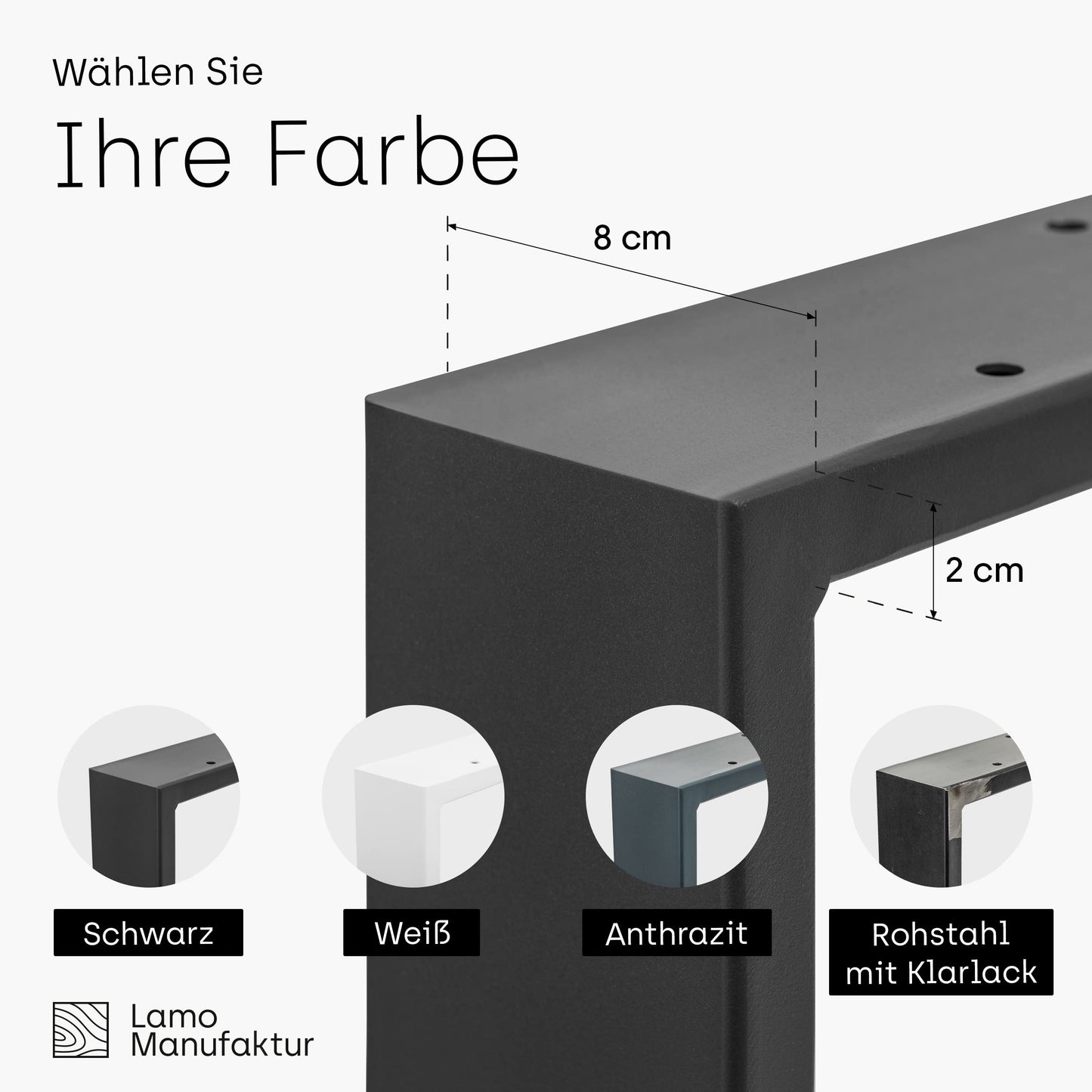 LAMO manufacturing table legs for desk dining table, Simple Massive, square profile 80x20 mm, table frame 80x72 cm (WxH), black, 2 pieces, LTS-01-C-FF-9005