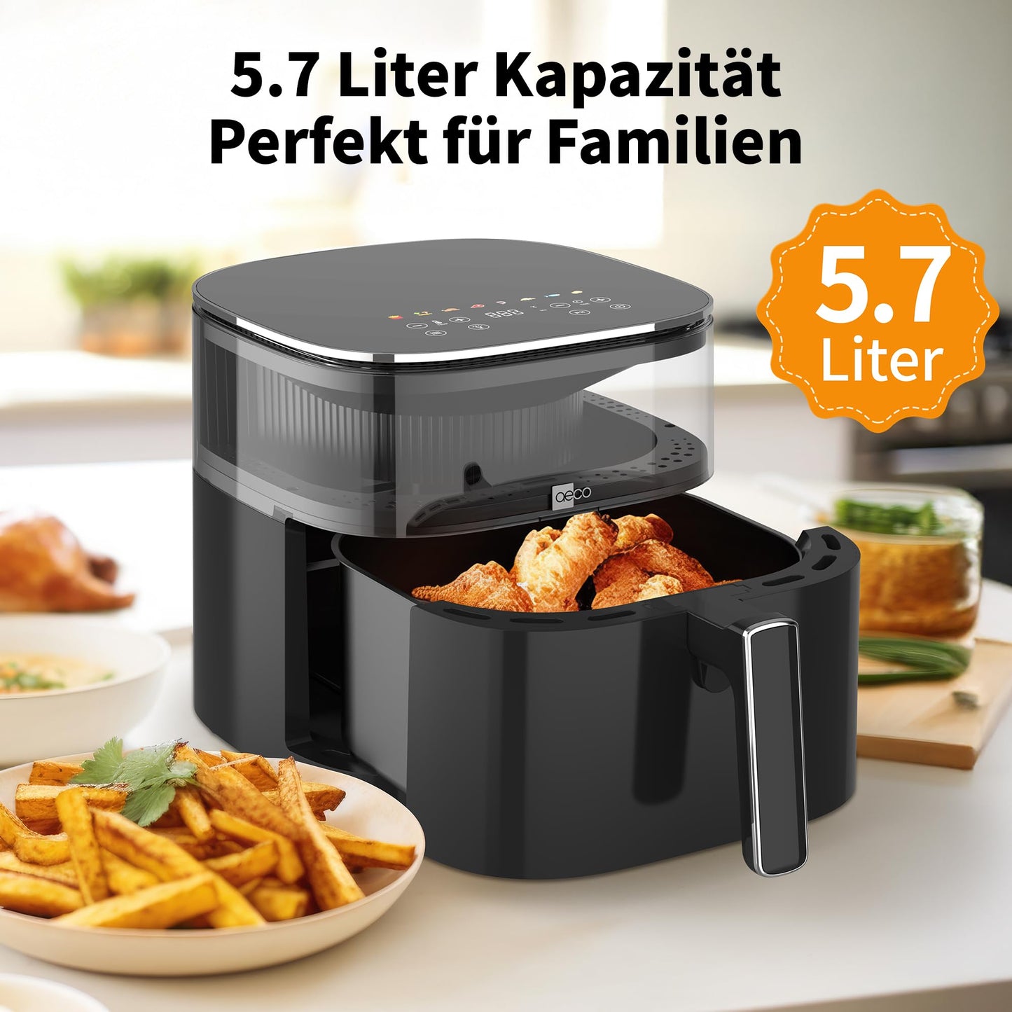 aeco TOUCH AirFryer 5.7 liter, hot air fryer with 270° illuminated viewing window & digital touch display, 1700 watts, adjustable from 80°-200°, 8 programs, includes recipe book.
