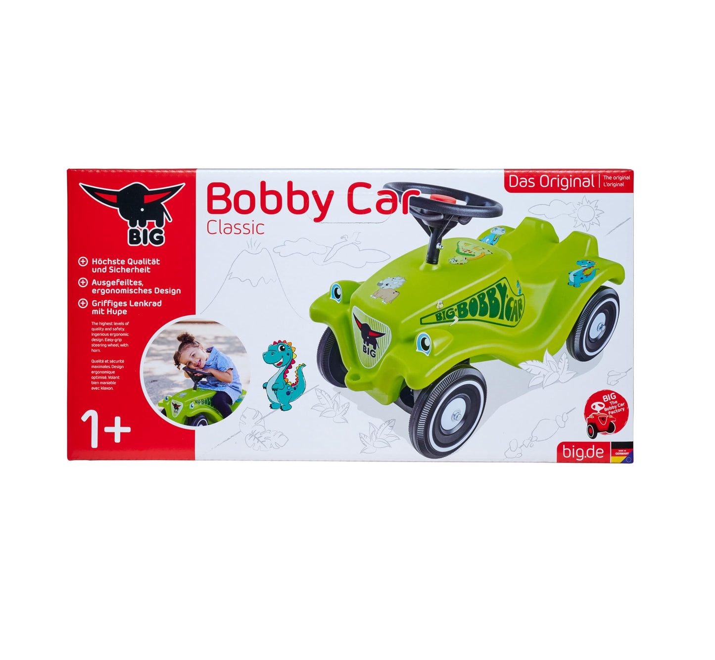Big Bobby Car Classic Dino - Slide car for ages 1 and up in colorful dino design with black safety steering wheel and horn, for children from 12 months (up to 50 kg), green with stickers
