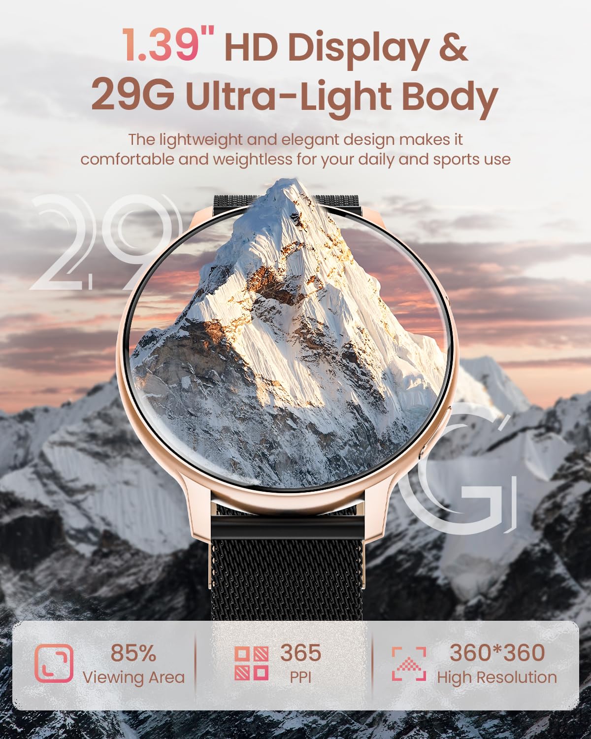 HASAKEI smartwatch for women, 1.39" HD touchscreen round ladies watch with phone function/menstrual cycle, 24H heart rate/SpO2/sleep monitor, waterproof IP68 pedometer Android iOS rose gold black.