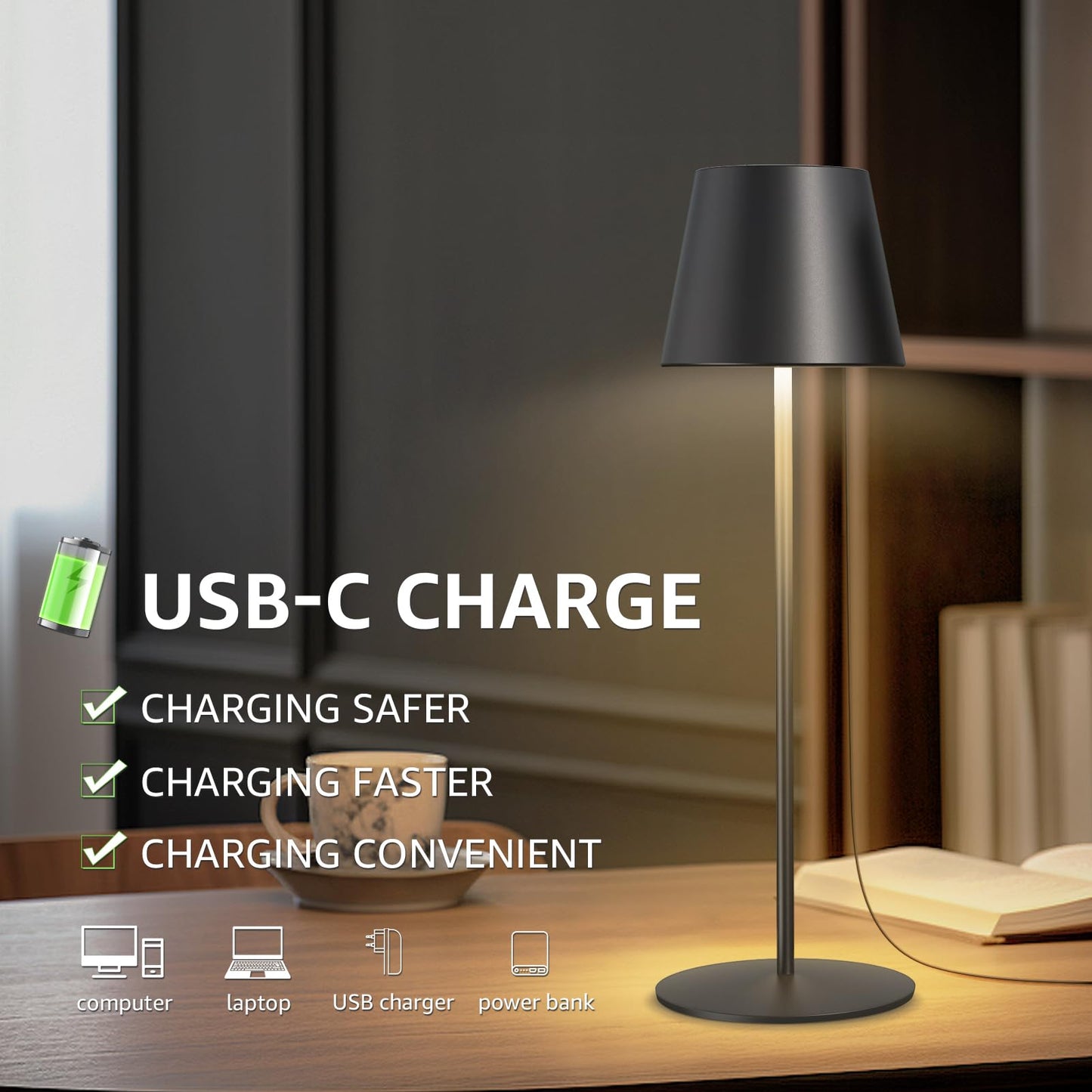 uuffoo Cordless Outdoor Table Lamp with 4000mAh LED Battery Touch Dimmable Warm White IP54 Waterproof Metal Table Lamp for Restaurant, Garden, and Bar (Black)