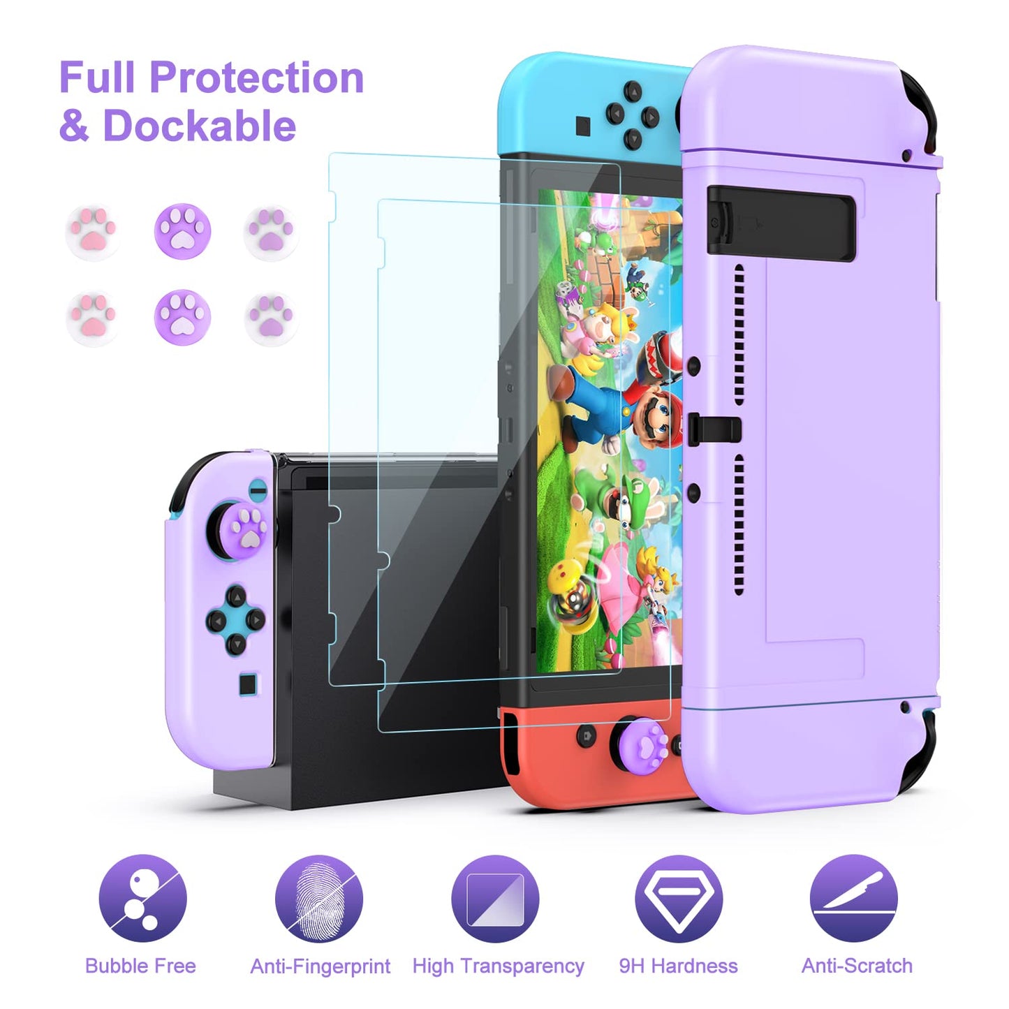 Switch case for Nintendo Switch - innoAura 18 in 1 Switch accessory kit with Switch case, Switch case, Switch game storage, Switch screen protector, Switch stand, Switch joystick caps (Purple)