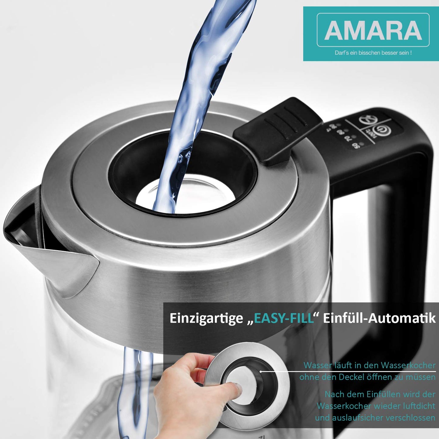 AMARA Glass Electric Kettle with Temperature Control 2200 Watts 2L especially quiet Temperature range 50-100°C With EASY-FILL filling system LED color change indicates temperature.