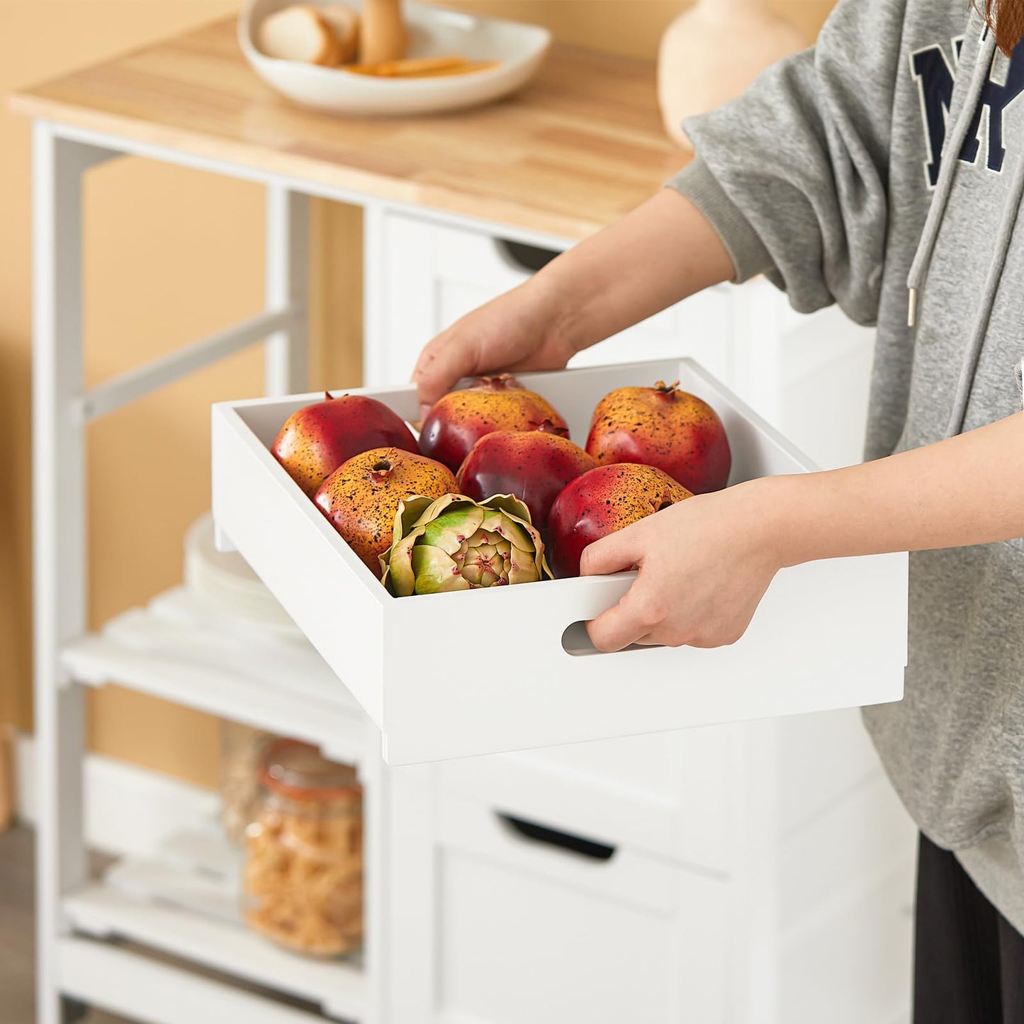 SoBuy serving cart with wheels - kitchen trolley with 2 removable trays and 1 tray - side cart trolley for kitchen, living room, dining room - white, 68x85x38 cm, up to 50 kg, MDF, FKW79-W