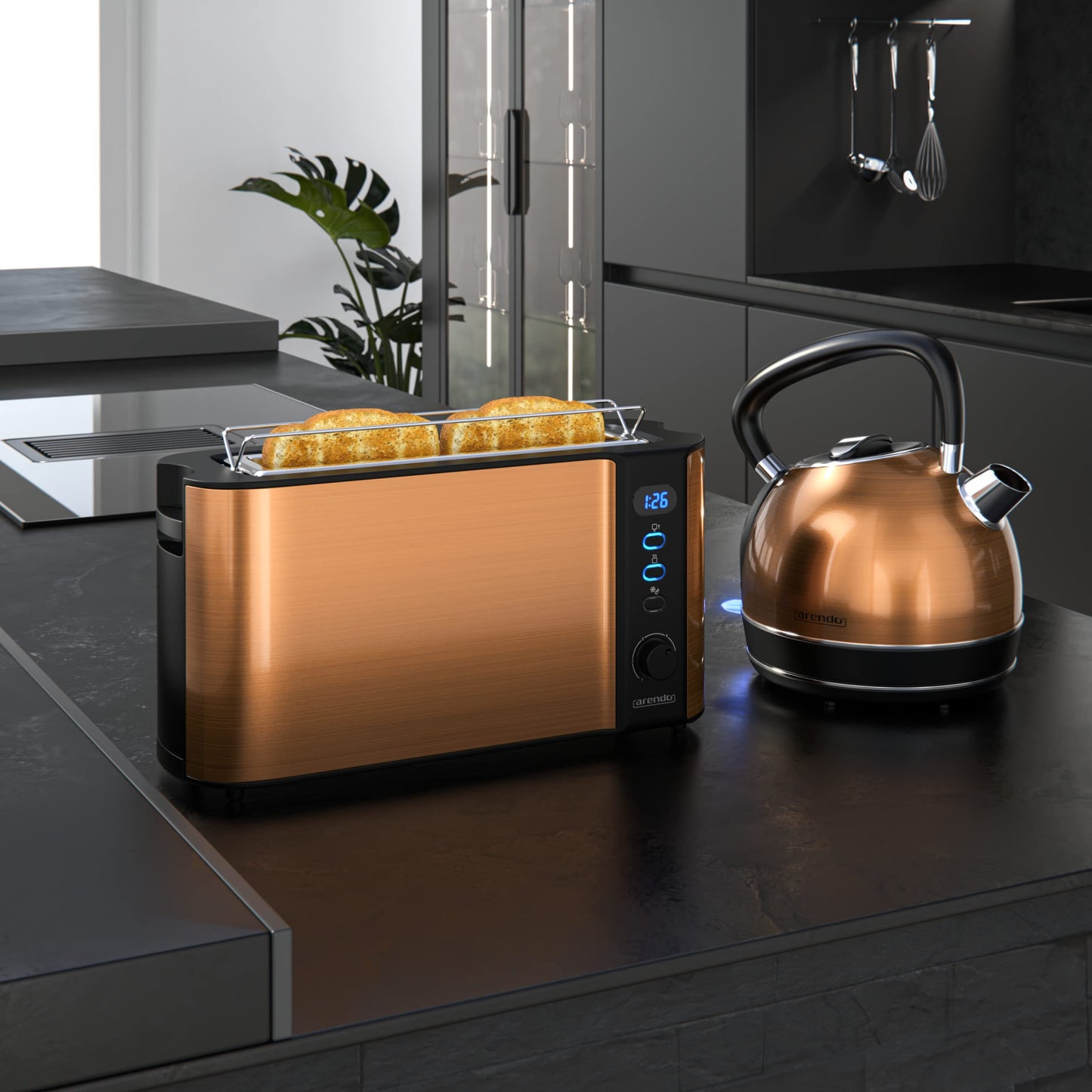 Arendo - Copper-look kettle with toaster SET - Electric kettle max 2200W, limescale filter, 1.7 liters, 2-slice long slot toaster with bun attachment, breakfast set