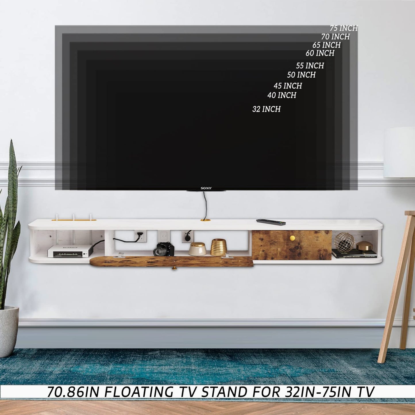 Pmnianhua TV Floating Lowboard, Hanging TV Cabinet, Wall Mounted Floating TV Stand Entertainment Media Console Center Large Storage Cabinet for Living Room Home Office (Vintage Brown)