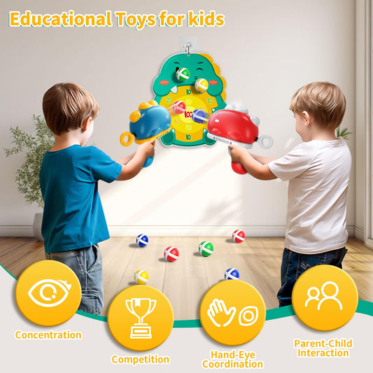 Doloowee dinosaur dart board shooting game toy, throwing game toy guns with target, 12 sticky balls, indoor outdoor garden toy for boys girls 3 4 5 years old (red+blue)