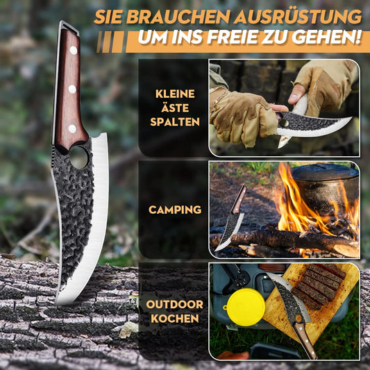 SMITH CHU hand-forged boning knife with leather sheath. Professional kitchen knife, portable camping knife, high carbon steel butcher knife. Full tang multipurpose BBQ tool for home and outdoor use.