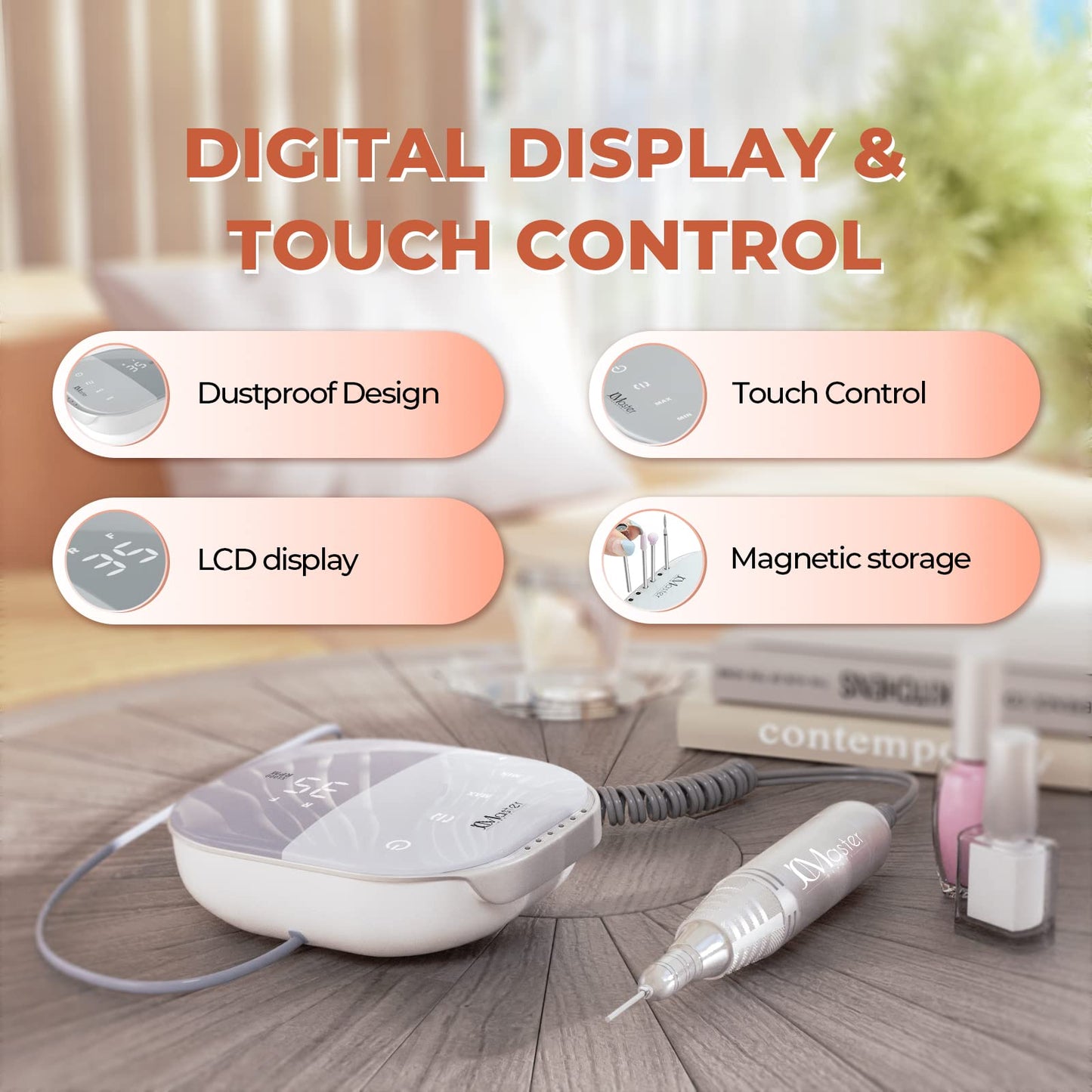 JCMaster TouchPro+ Nail Drill 35000 RPM - German Brand - Gel & Acrylic Nails Professional Set Electric Basic Kit, Includes 4 Bits, Foot Care Device, Artificial Nails, Stepless Regulation Touch Controls