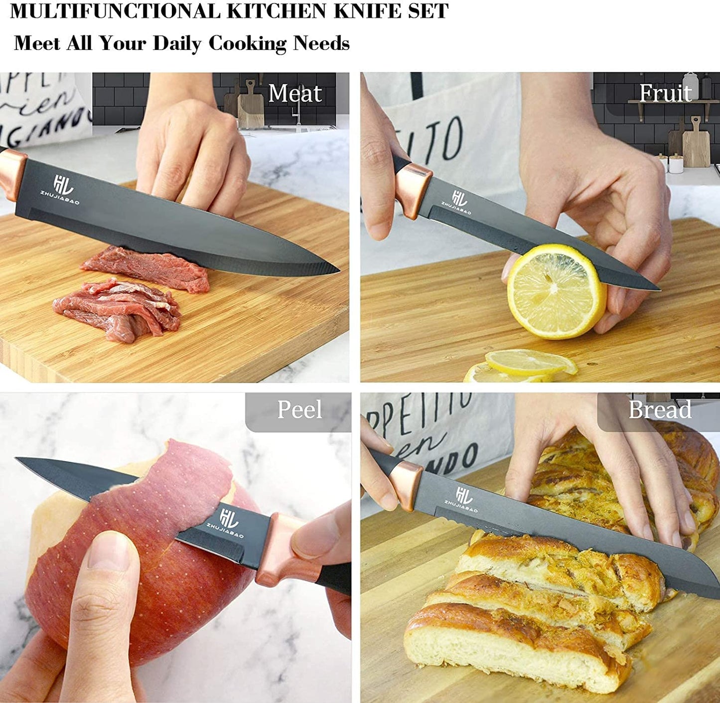 HL zhujiabao Black Kitchen Knife Block Set with Acrylic Stand 6PCS Professional Stainless Steel Chef Knife Set with Non-stick Coating and ultra-sharp Knife Block Set as a gift for men and women