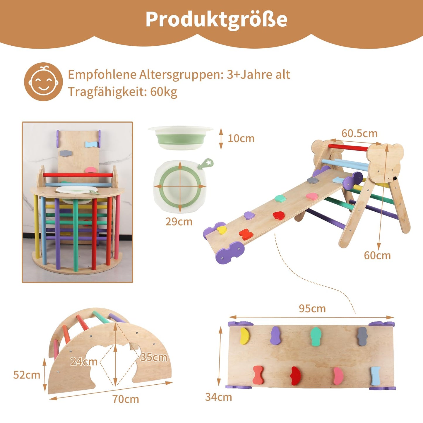 BommJokker climbing frame indoor, climbing triangle, climbing arch, climbing triangle with slide, 4 in 1 multifunctional indoor playground for children aged 3+ years (multicolored)