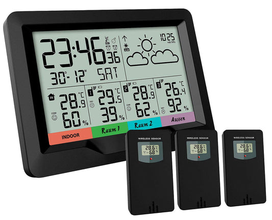 infactory Weather Station 3 Sensors: Wireless weather station; 3 wireless sensors; indoor/outdoor; XL display; Alarm clock (wireless thermometer with 3 sensors, wireless weather station with 3 sensors, digital wall clock)