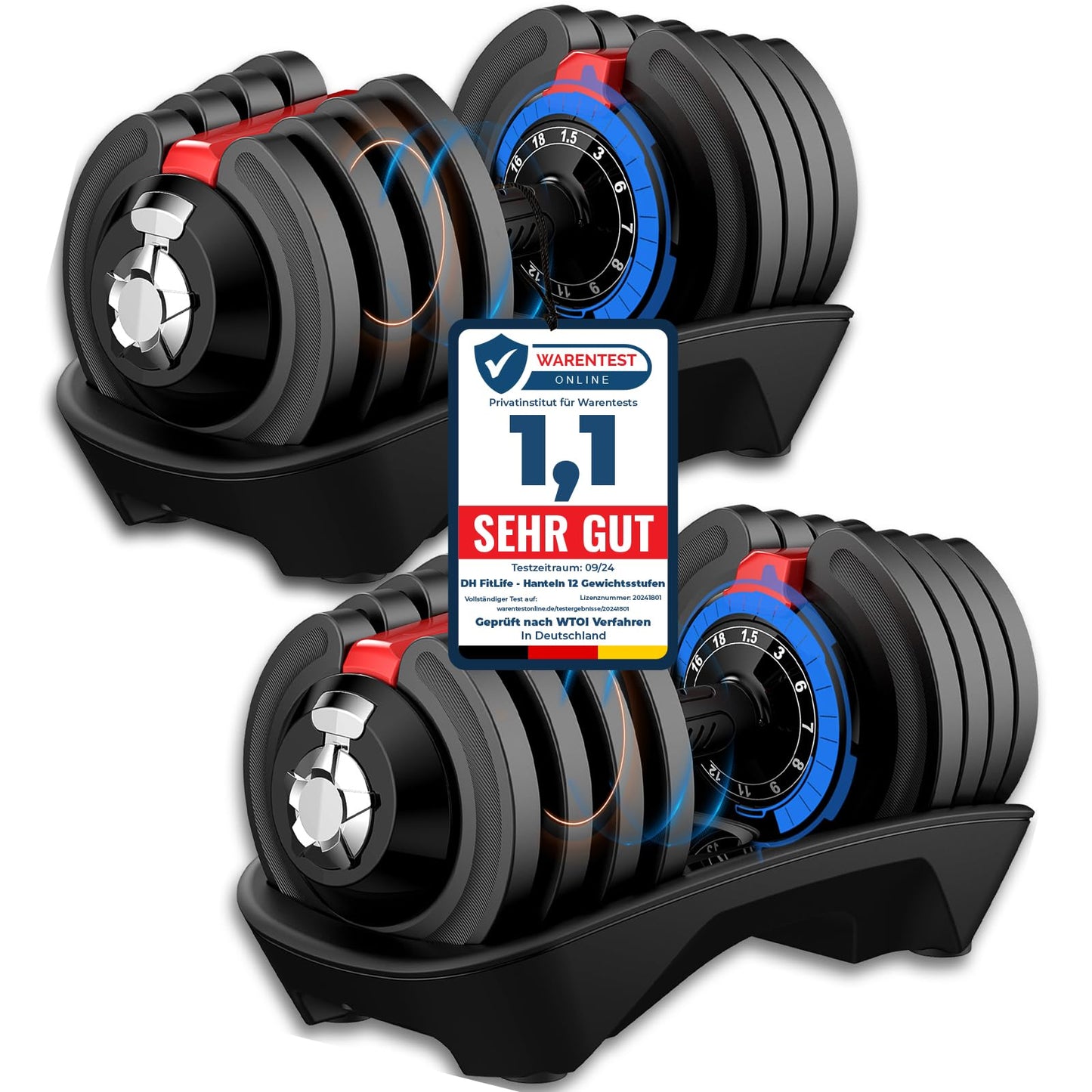 DH FitLife 2 x 18kg adjustable dumbbells 1.5 to 18 KG with 12 weight levels, dumbbells with weight plates, set of 2
