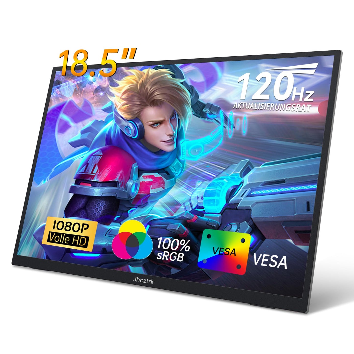Jhcztrk 18.5 inch portable monitor 120Hz FHD 1080P HDMI USB-C, 100% sRGB, HDR gaming monitor. Built-in speakers, kickstand, and VESA travel. Ideal second screen for laptop, Mac, PC, Xbox, PS4/5, Switch.