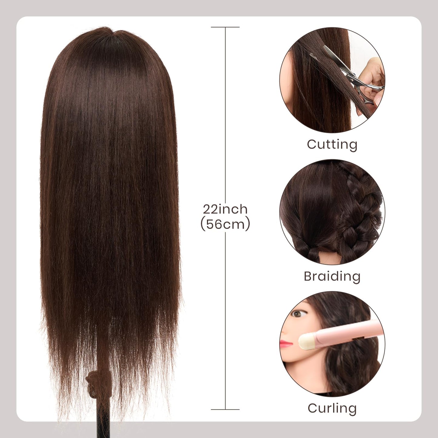 Neverland Practice Head Mannequin Head 22 inches 50% Real Hair Cosmetology Mannequin Head Practice for Hairdressers Cutting & Styling with Clamp + DIY Braid Set