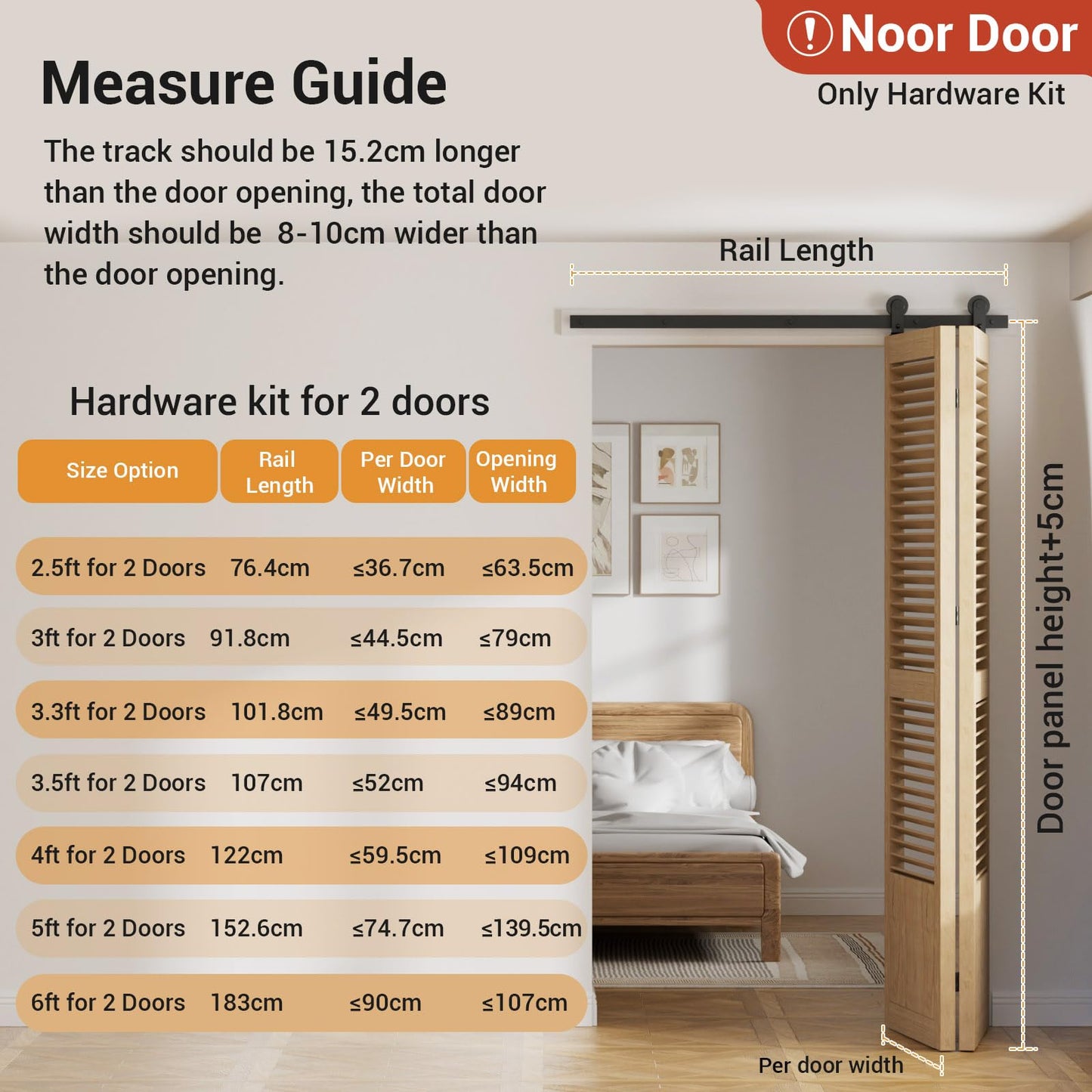 3.3FT (102cm) Bifold Sliding Door Hardware Kit for 2 wooden doors. Includes track, rollers, and top mount T guide in black color.