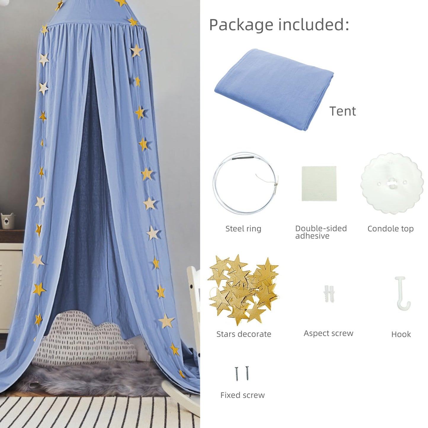 CeeKii Canopy Nursery Bed Canopy, Bed Curtain Baby Room Decor Mosquito Net for Princess Play Tents Baby Bed Bedroom Decoration with Star Garland (Blue)