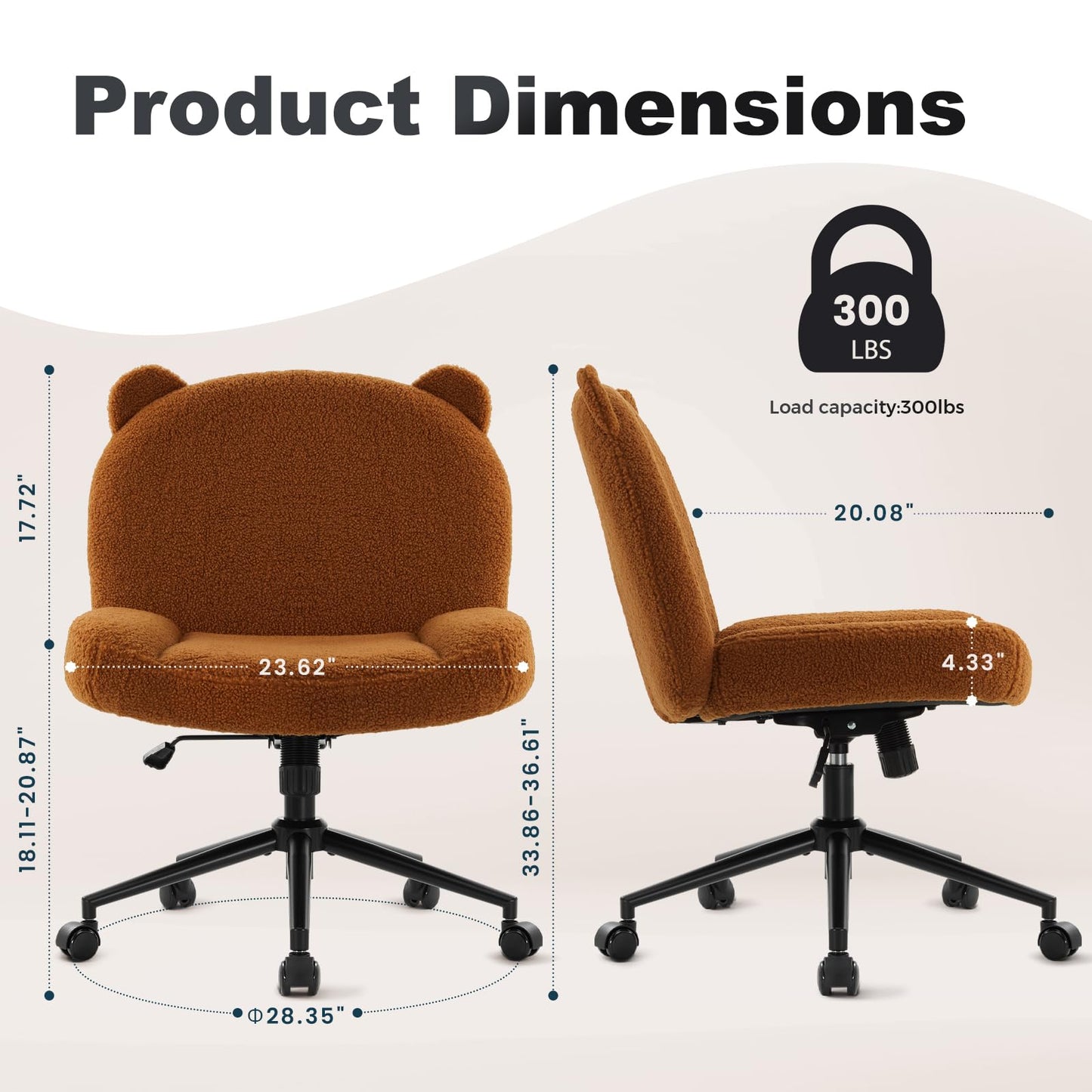 IWMH office chair without armrests, adjustable height swivel chair with wheels, desk chair with fabric padding, ergonomic chair, reading chair with wider cushion for cross-legged sitting (Brown)
