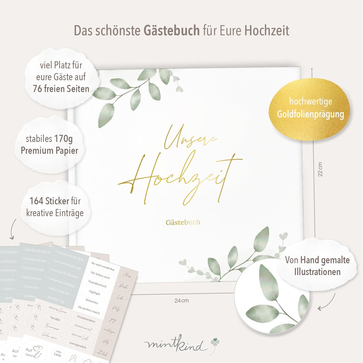 mintkind® Guestbook Wedding for Writing Greenery incl. 4 sticker sheets | 84 pages for creative design | Wedding gifts for the bridal couple as wedding decor | Golden Wedding Silver Wedding