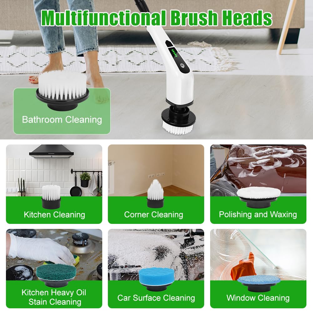 OSDUE Electric Cleaning Brush, 2024 New Electric Spin Scrubber Power Scrubber, Bathroom Cleaning Brush with 7 Replaceable Drill Brush Heads, with 137cm Adjustable Handle, for Tub, Floor.