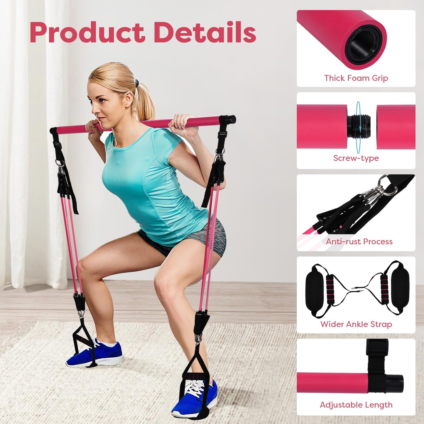 Adjustable Pilates Bar Kit with 6 resistance bands foam handle ankle straps and door anchor for legs hips portable fitness equipment for home for yoga Pilates Stretch shaping Rose