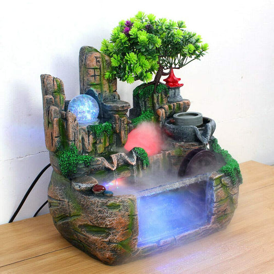 BJTDLLX Room Fountain Waterfall Garden Fountain Fountain with Mist and Led Light, Artificial Plants Water Fountain Stone Garden Fountain Table Fountain Indoor Decoration