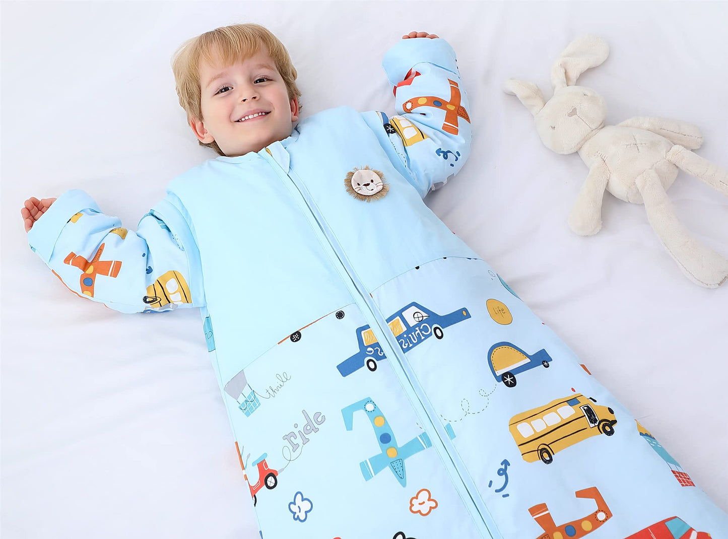 Chilsuessy Winter 2.5 Tog Kids Sleeping Bag with Removable Sleeves Organic Baby Sleeping Bag All Season Sleeping Bag for Boys and Girls 1-10 years old, 2.5 Tog/Colorful Bus, M (70-100 cm)