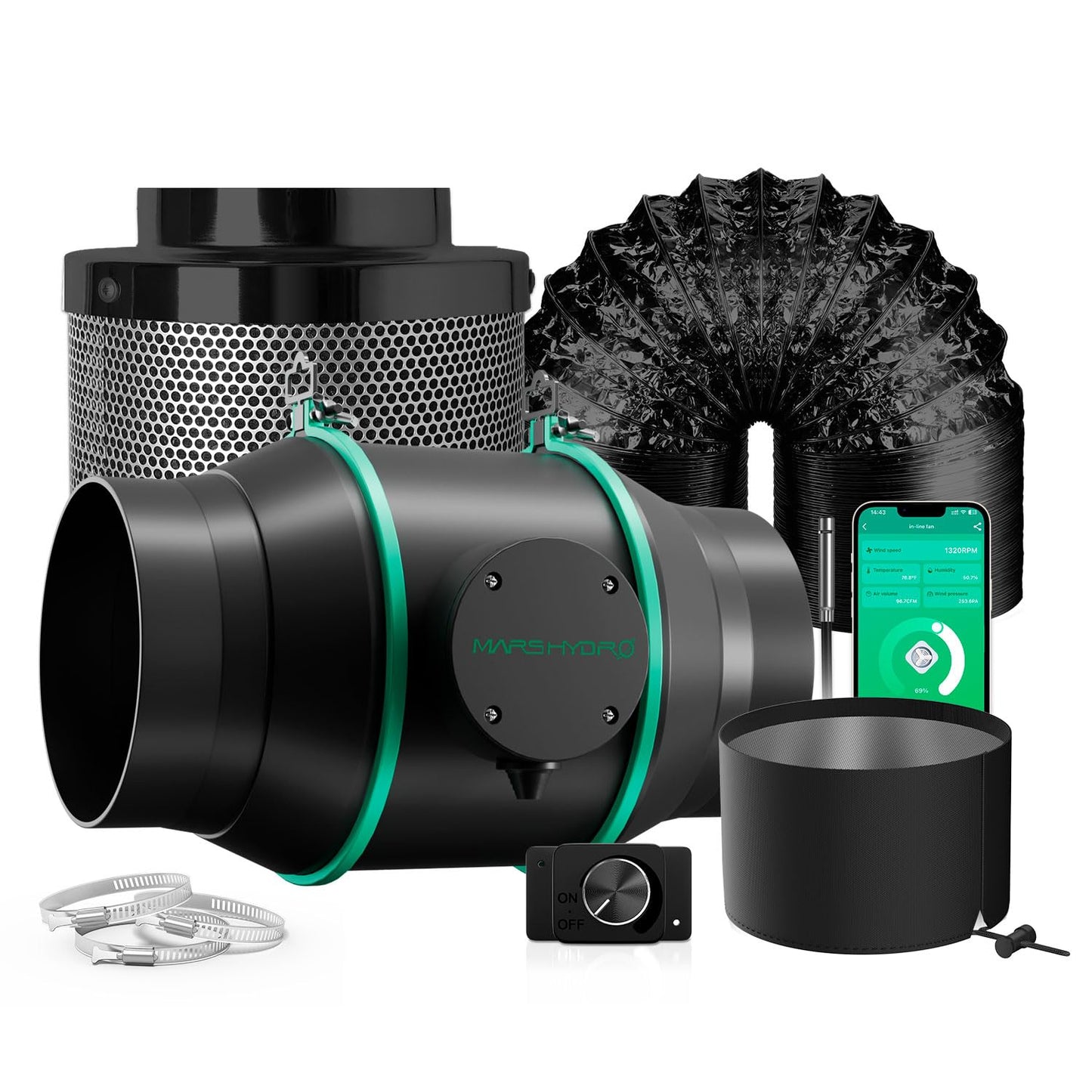 MARS HYDRO iFresh duct fan 150mm/6 - Grow fan with exhaust control, duct fan for grow tents, hydroponics & climate control.