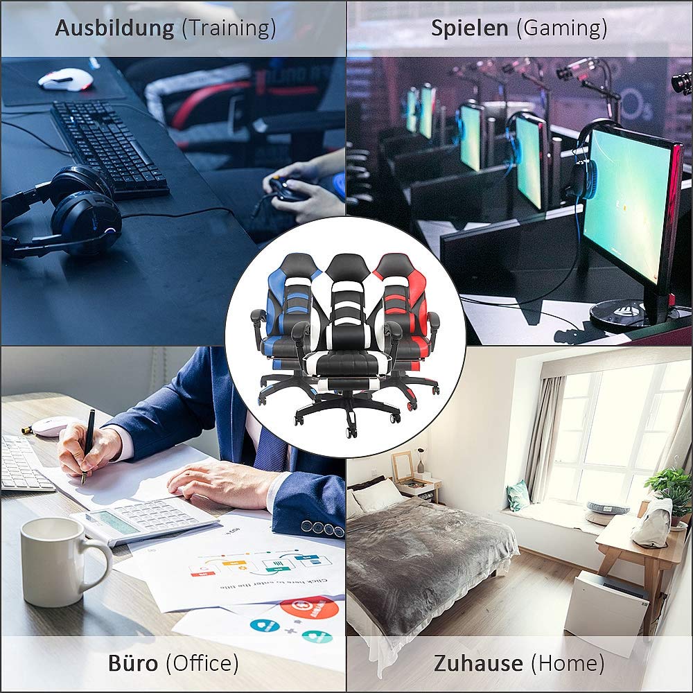 Melko Gaming Chair Ergonomic Office Chair with Footrest in Black Blue Racing Chair Office Desk Chair Executive Chair Gaming Armchair Gamer Chair Racer Swivel Chair Sports Seat