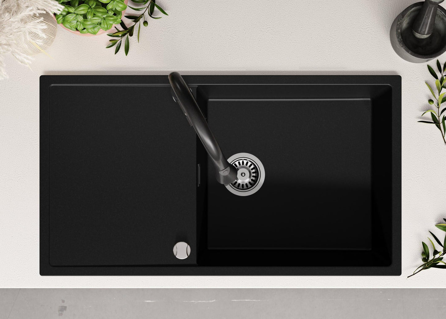 PRIMAGRAN granite sink black 90x50cm, granite sink 1 bowl + drain set, kitchen sink from 60cm base cabinet - Ibiza S034