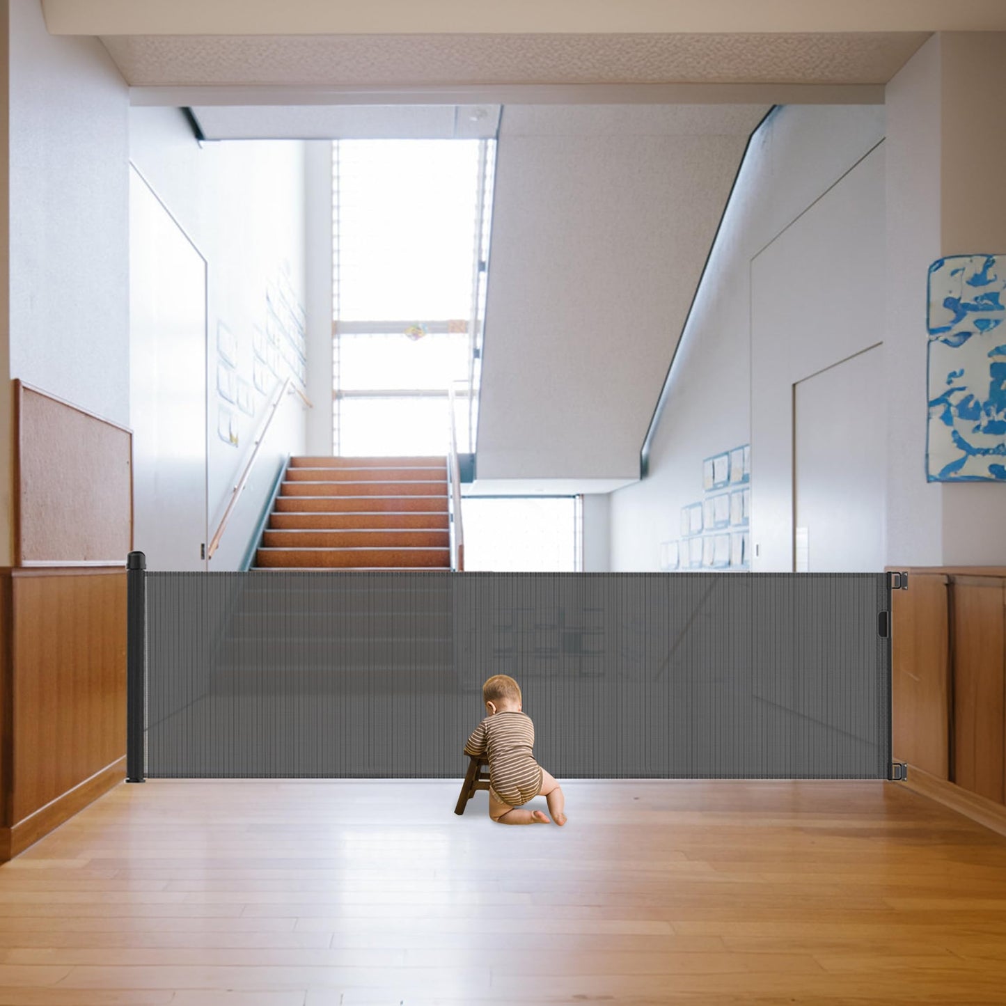 Expandable stair gate 300cm, baby door gate, safety gate staircase for cats and dogs, extra wide baby gate, stair safety roller for indoor outdoor use, black.