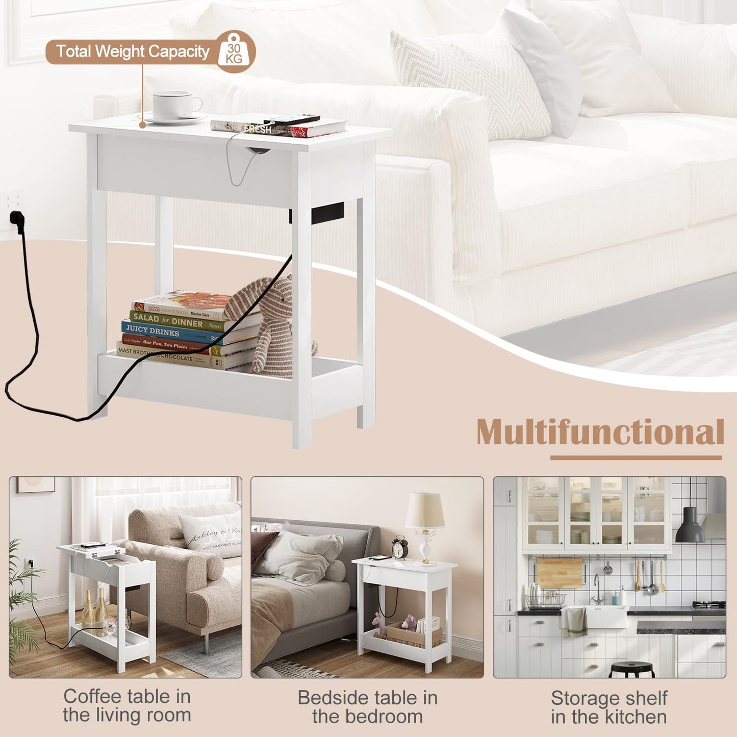 EUGAD Side Table, Bedside Table with Socket, Coffee Table, End Table, Console Table, Foldable Tabletop, 3 Shelves, for Living Room Bedroom Kitchen, White, 0001CHJ