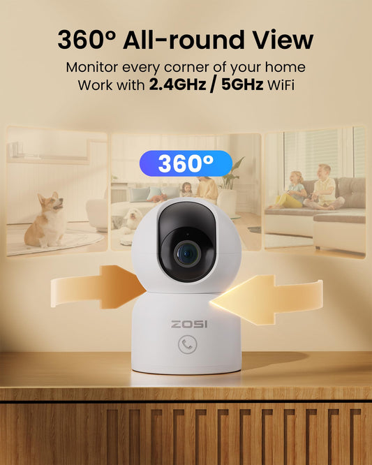 ZOSI 2K WiFi Indoor Surveillance Camera, 360° Rotatable Camera for Baby, 2.4/5GHz WiFi, AI Person Detection, Auto-Tracking, One-Touch Call, C518.